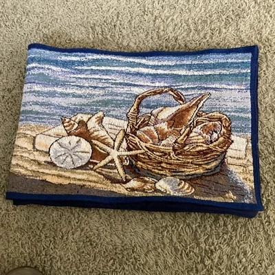 Summer Beach Theme Tapestry Table Runner Seashells Navy Blue Back 68” X 12” - Image 1 of 2
