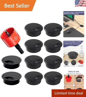 Paquete de 10 ojales de escritorio de 2 pulgadas - Elegante kit de gestión de cables negros con sierra perforadora Foto 1 de 4