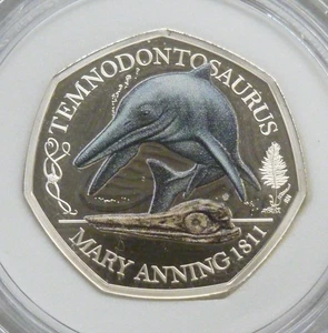 Mary Anning Temnodontosaurus Dinosaurier .925 Silber PP UK 50p 2021 Royal Mint - Bild 1 von 5