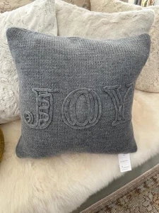 Pottery Barn JOY Sentiment Knit 18" pillow cover Gray Winter White Christmas New - Picture 1 of 7