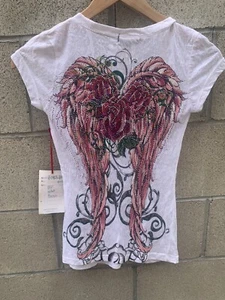 Camiseta transparente ajustada con alas de ángel blancas y diamantes de imitación rosa para mujer In Vein S - Imagen 1 de 3