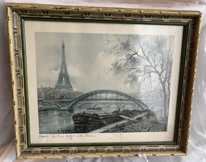 VTG Print Of Paris Eiffel Tower Across The River Seine ARTIST Maurice Legendre - Picture 1 of 5