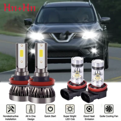 4pc LED Conversion Kit Lights Combo Low Beam+Fog for Nissan Rouge 2009 to 2019 - Image 1 of 4
