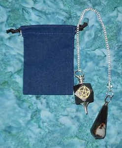 Black Agate Silver engraved Pentacle Pendulum Sardonyx Handle Bag NEW Divination - Picture 1 of 4