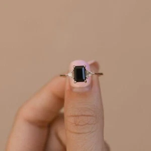 Natural Black Emerald Cut Onyx Ring 925 Sterling Silver Black Gemstone Onyx Ring - Picture 1 of 6