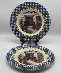 Set of 2 Royal Stafford Easter Bunny Rabbit Dinner Plates Blue Gingham Rim - Picture 1 of 8