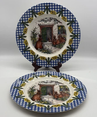 Juego de 2 platos de cena Royal Stafford conejito de Pascua conejo borde de guinga azul Foto 1 de 4