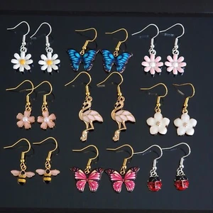 Enamel Butterfly Bee Flamingo Flower Ladybug Holiday Gift Dangle Drop Earrings - Picture 1 of 12