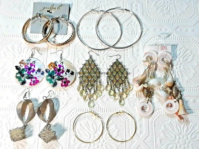 bulky chunky shell earrings, hoops, silver tone cubes, pierced. You get all 7 - Image 1 of 4