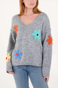 Damen Wollmischung Oversize Große Blumenstickereien Grobstrick V-Ausschnitt Pullover - Bild 1 von 6
