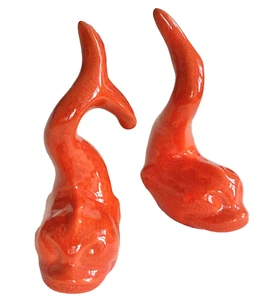 Mid-Century Modern Orange Ceramic Fish Figurines 1960s Whimsical Retro Decor 4" - Picture 1 of 6