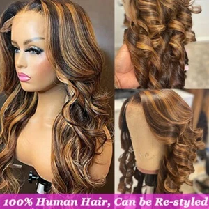 Highlight Honey Blonde Body Wave Brazilian Human Hair Wigs13x4 Lace Front Wig HD - Picture 1 of 12