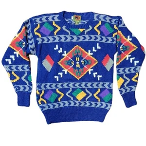 Vintage Boston Traders 100% Wool Sweater Size S Crewneck BRIGHT Unique Design - Picture 1 of 4