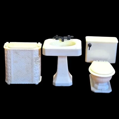RENWAL Vtg 1940s Set of 3 Ivory Bathroom Toilet Sink Hamper Dollhouse Furniture - Image 1 of 4