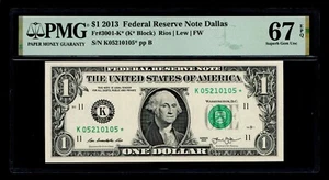 STAR 2013 $1 Federal Reserve Note Dallas PMG GEM UNC 67 EPQ - Picture 1 of 2