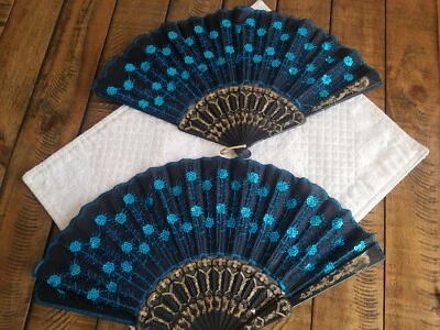 Peacock Turquoise Embroidered Fabric Folding Handheld Fan Sequins Party Bridals - Image 1 of 3