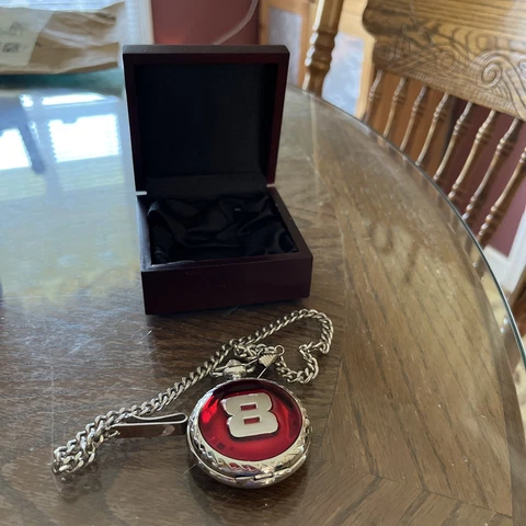 Dale Earnhardt Jr. #8 Pocket Watch and Chain With Wooden Box used for display Cover