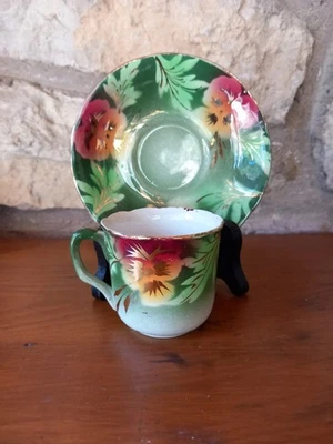 Rare tasse à café + soucoupe Choisy Le Roi terre de fer polychrome pensées doré - Photo 1/4