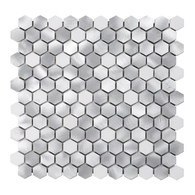 Salpicadero de pared de cocina de azulejo hexagonal de mosaico de aluminio metálico de mármol blanco de 1" Foto 1 de 4