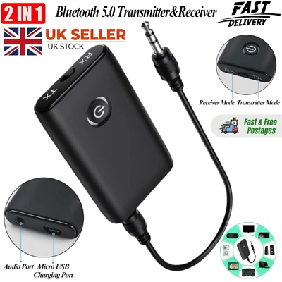 2 in 1 Wireless 5.0 Bluetooth Transmitter Receiver Adapter Audio 3.5mm Jack Aux - Image 1 of 4