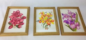 Juego de 3 flores pequeñas 6,75 x 4,75 enmarcadas a mano pintadas a mano lirio rosa iris - Imagen 1 de 11