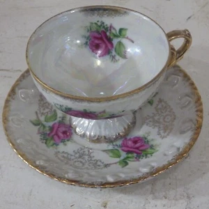 vintage retro japanese lustre fine china duo cup & saucer pink open rose - Picture 1 of 8