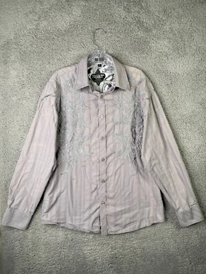 Roar Shirt Mens Large Gray Tribal Embroidered Button Up Long Sleeve Y2K - Image 1 of 4