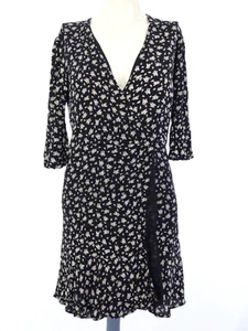 Rails Dress Wrap Mini Black White Ditsy Floral Print V Neck Frill Sleeve Retro S - Picture 1 of 16