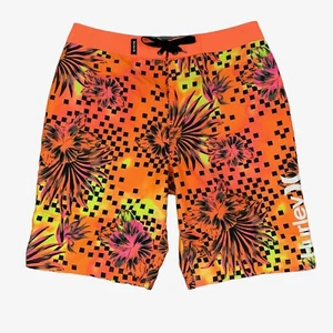 Hurley Board Short Boys 14 Neon Multi Floral Checkered Drawstring Swim Surfing - Picture 1 of 10