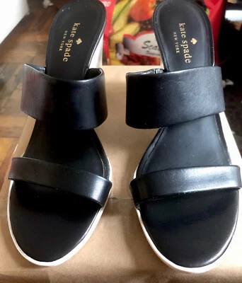 Sandalias Kate Spade Abilene de cuero negro para mujer de tacón alto con cuña sin cordones EE. UU. 9 Foto 1 de 4