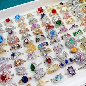 Wholesale Colorful Crystal Zircon Rings Mixed Women Wedding Casual Jewelry Bulk - Picture 1 of 13