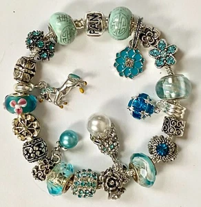 ❤️ Pandora Bracelet Sterling SILVER Chain w/ Aqua European BEADS ~ Fabulous! ❤️ - Picture 1 of 5