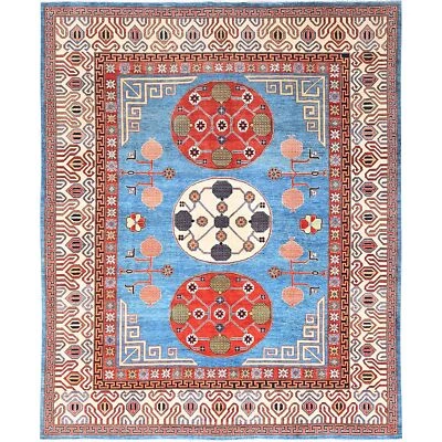 9'1"x11'9" Blue Khotan Design Hand Knotted Soft Wool Oriental Rug R85596 - Image 1 of 4