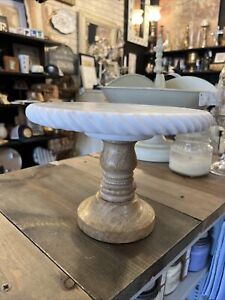 Carved Carrarra Marble and Wood Cakestand 8”D x 6”H