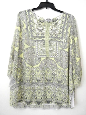 JM COLLECTION 2X Top Semi Transparente Adornado Amarillo/Taupe 3/4 Dividido Cuello en V Foto 1 de 4