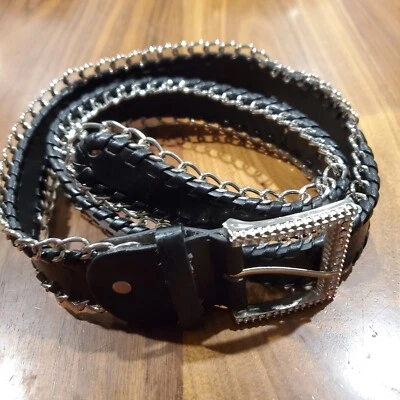 Cinturón Cadena Negro Punk Gótico Imitación Cuero Grunge Grande 36-41" Hebilla Estrás Foto 1 de 4