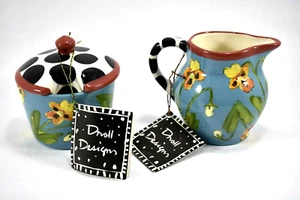 Piatti crema e zucchero 'Droll Designs' - dipinti a mano - made in USA - FIRMATI con etichette - Foto 1 di 9