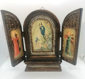 #1 Tríptico Iglesia Vintage Relicario Religioso Madera Oratorio Altar Mesa 11" - Imagen 1 de 5