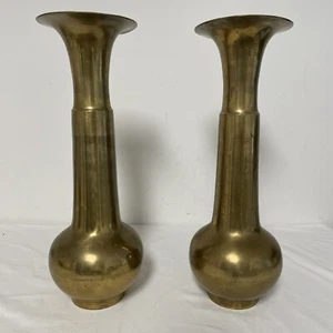 VTG RARE Solid Brass Vases Signed India 16” Tall Lot of 2 Handmade - Picture 1 of 11