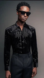 Brand new PHIX BLACK VELVET DAGGER COLLAR SEQUIN PINSTRIPE SHIRT Sz Large - Picture 1 of 6