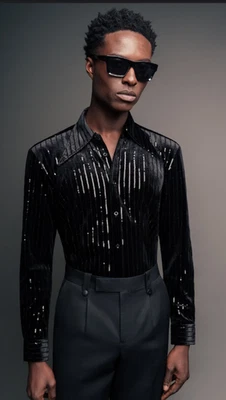 Brand new PHIX BLACK VELVET DAGGER COLLAR SEQUIN PINSTRIPE SHIRT Sz Large - Image 1 of 4