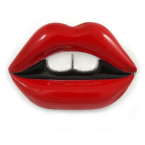 Funky Red Enamel Lips Brooch In Silver Tone Metal - 37mm Across - Picture 1 of 4