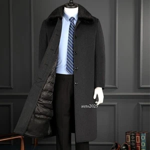 Winter New Mens Cashmere Duck Down Warm Coat Long Wool Lapel Collar Coat Jacket - Picture 1 of 32