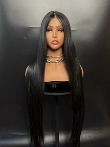 Straight Black Wig Lace Front Middle Part 28 Inch Long - Picture 1 of 10