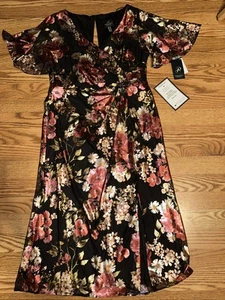 Adrianna Papell Black Floral Foiled Mesh Draped Midi Dress Size 8M $179 - Picture 1 of 7