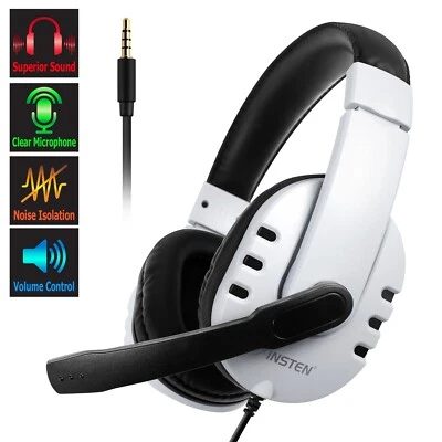 INSTEN Gaming Headset with Mic for PS5 PS4 xBox Series X/S Switch PC, Wired 3.5mm White