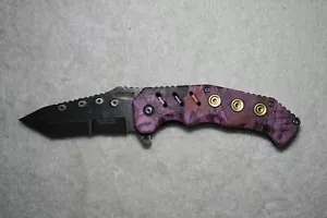 8 1/2" PINK CAMO & GOLD / BRASS E-Z OPEN Spring Open Assisted Pocket Knife CAMMO - Picture 1 of 6