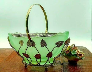 Art Nouveau Bagley Green Glass Evesham Posy Basket with gold metal stand 1920' - Picture 1 of 19