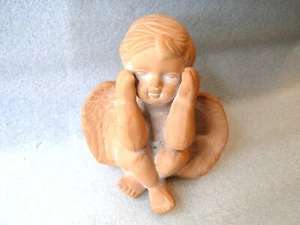 TERRA COTTA CHERUB ANGEL FIGURE - Sitting with Head in Hands - 7" tall - Picture 1 of 6