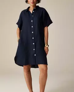 Camicia J Crew Capitaine lino alta grande blu manica corta con cintura con bottoni - Foto 1 di 9